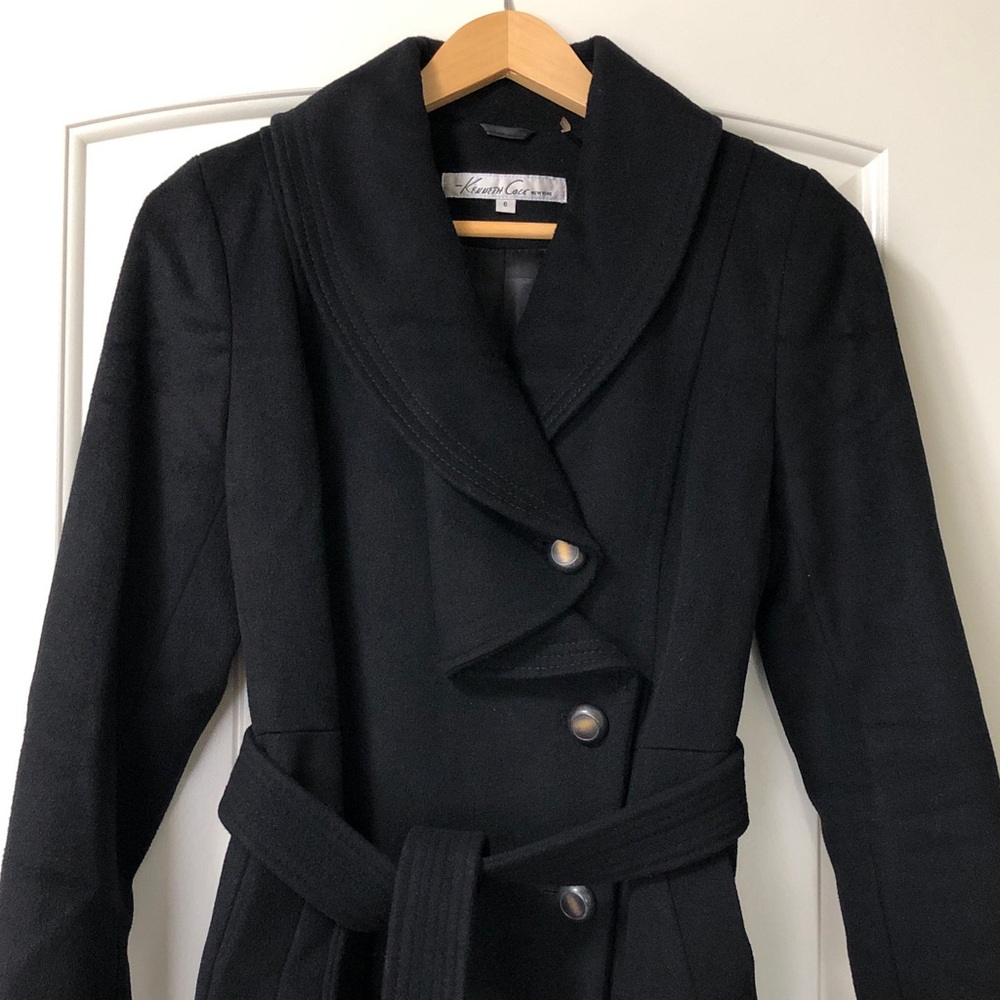 Kenneth Cole New York, Black Shawl-Collar Belted Wool Blend Winter Coat - 6